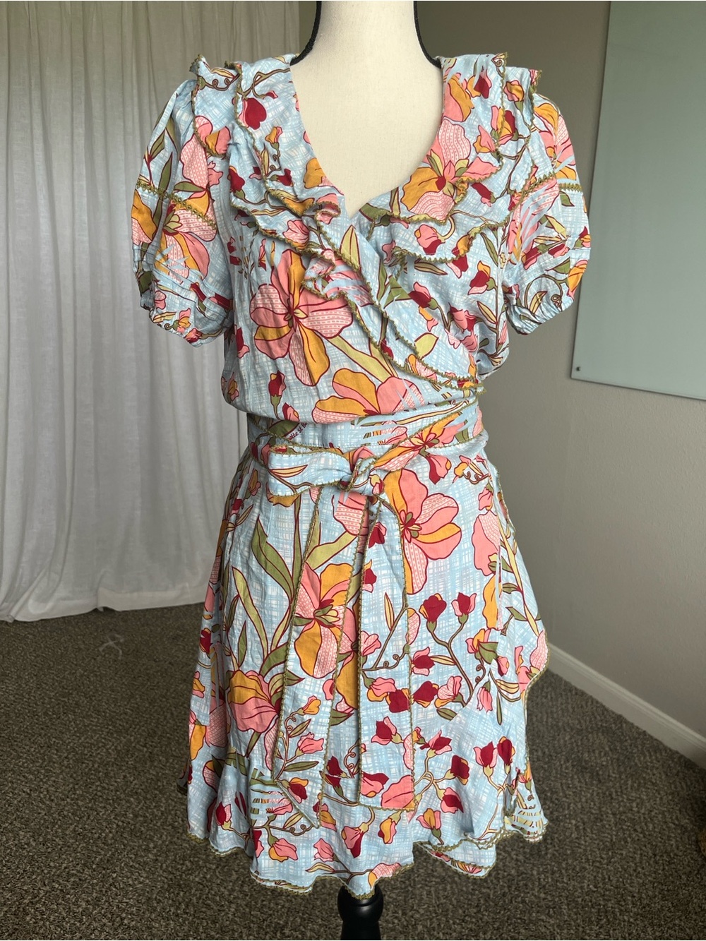 NWT Poupette St Barth Aude V Floral Wrap Mini Dress Sky Jonquille L